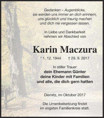 Traueranzeige von Karin Maczura von Strelitzer Zeitung