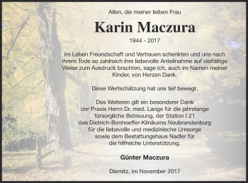 Traueranzeige von Karin Maczura von Strelitzer Zeitung