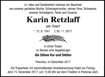 Traueranzeige von Karin Retzlaff von Prenzlauer Zeitung