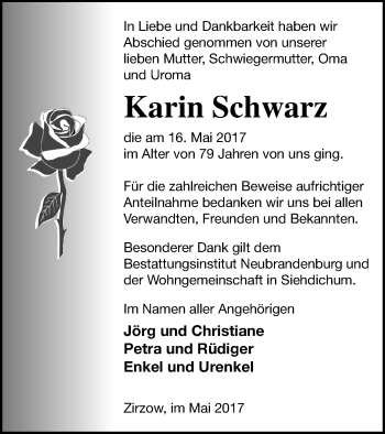 Traueranzeige von Karin Schwarz von Neubrandenburger Zeitung