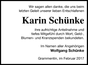 Traueranzeige von Karin Schünke von Mecklenburger Schweiz