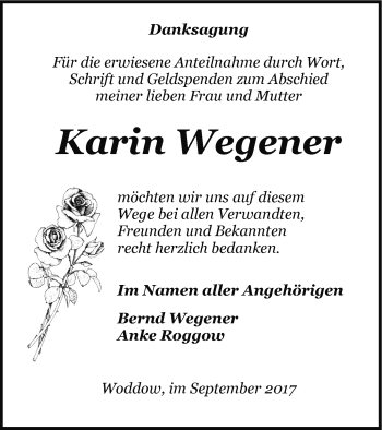 Traueranzeige von Karin Wegener von Pasewalker Zeitung