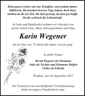 Traueranzeige von Karin Wegener von Pasewalker Zeitung