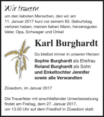 Traueranzeige von Karl Burghardt von Pasewalker Zeitung