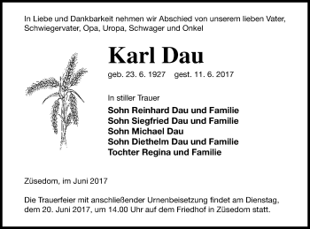 Traueranzeige von Karl Dau von Pasewalker Zeitung