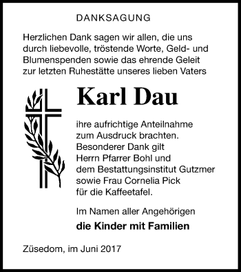 Traueranzeige von Karl Dau von Pasewalker Zeitung