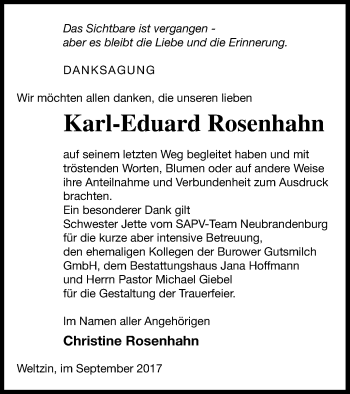 Traueranzeige von Karl-Eduard Rosenhahn von Neubrandenburger Zeitung