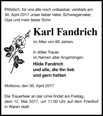 Traueranzeige von Karl Fandrich von Müritz-Zeitung