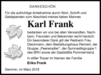 Traueranzeige von Karl Frank von Demminer Zeitung