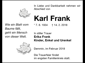 Traueranzeige von Karl Frank von Demminer Zeitung