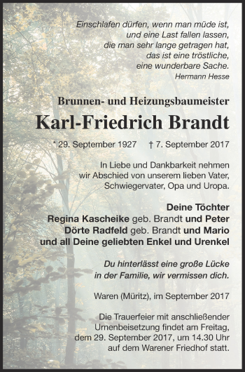 Traueranzeige von Karl-Friedrich Brandt von Müritz-Zeitung