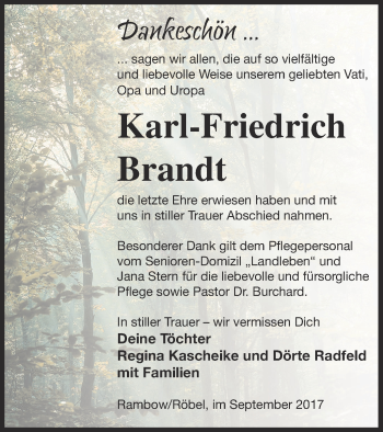 Traueranzeige von Karl-Friedrich Brandt von Müritz-Zeitung