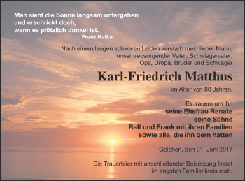 Traueranzeige von Karl-Friedrich Matthus von Neubrandenburger Zeitung