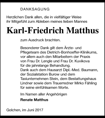 Traueranzeige von Karl-Friedrich Matthus von Neubrandenburger Zeitung