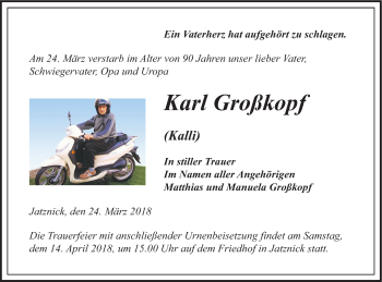 Traueranzeige von Karl Großkopf von Pasewalker Zeitung