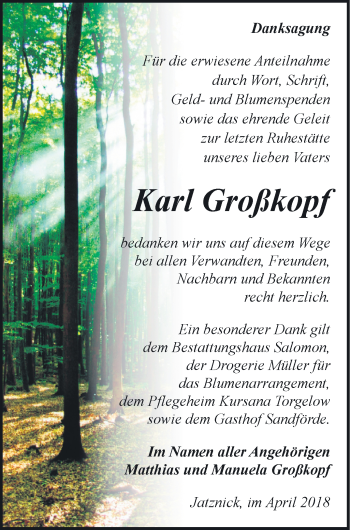 Traueranzeige von Karl Großkopf von Pasewalker Zeitung