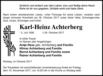 Traueranzeige von Karl-Heinz Achterberg von Neubrandenburger Zeitung