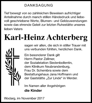 Traueranzeige von Karl-Heinz Achterberg von Neubrandenburger Zeitung