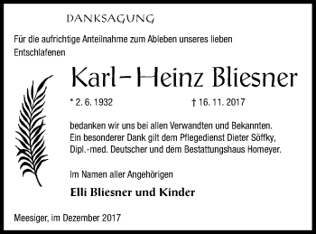 Traueranzeige von Karl-Heinz Bliesner von Demminer Zeitung