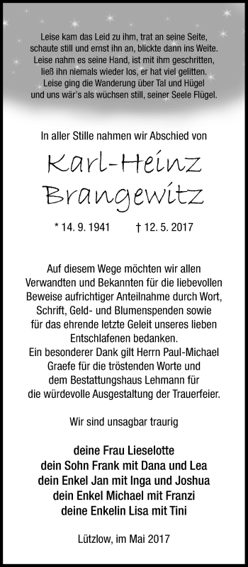 Traueranzeige von Karl-Heinz Brangewitz von Prenzlauer Zeitung