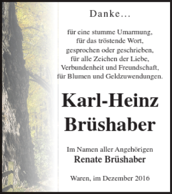 Traueranzeige von Karl-Heinz Brüshaber von Müritz-Zeitung