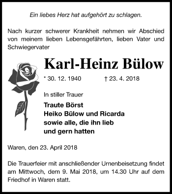 Traueranzeige von Karl-Heinz Bülow von Müritz-Zeitung