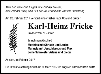 Traueranzeige von Karl-Heinz Fricke von Vorpommern Kurier