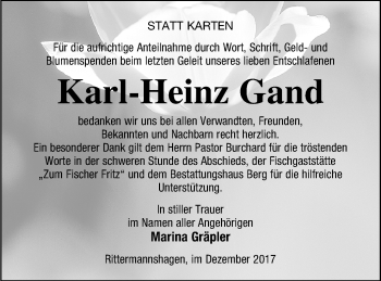 Traueranzeige von Karl-Heinz Gand von Mecklenburger Schweiz