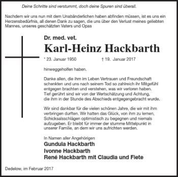 Traueranzeige von Karl-Heinz Hackbarth von Neubrandenburger Zeitung