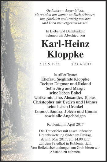 Traueranzeige von Karl-Heinz Kloppke von Pasewalker Zeitung