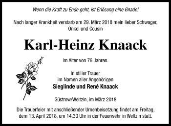 Traueranzeige von Karl-Heinz Knaack von Neubrandenburger Zeitung