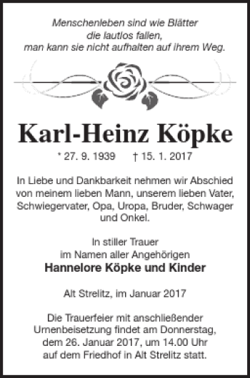 Traueranzeige von Karl-Heinz Köpke von Strelitzer Zeitung