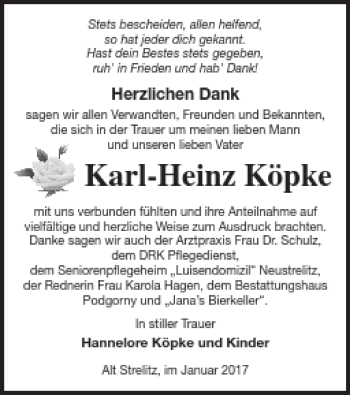 Traueranzeige von Karl-Heinz Köpke von Strelitzer Zeitung