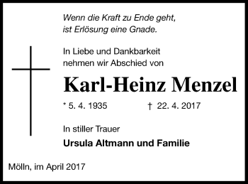 Traueranzeige von Karl-Heinz Menzel von Neubrandenburger Zeitung