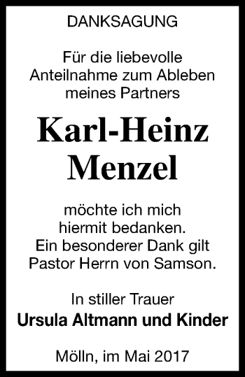 Traueranzeige von Karl-Heinz Menzel von Neubrandenburger Zeitung