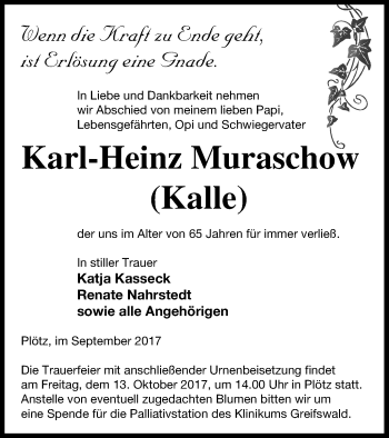 Traueranzeige von Karl-Heinz Muraschow von Vorpommern Kurier