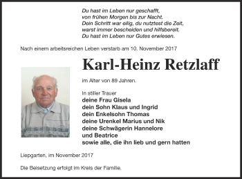 Traueranzeige von Karl-Heinz Retzlaff von Haff-Zeitung