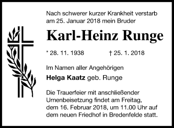 Traueranzeige von Karl-Heinz Runge von Strelitzer Zeitung