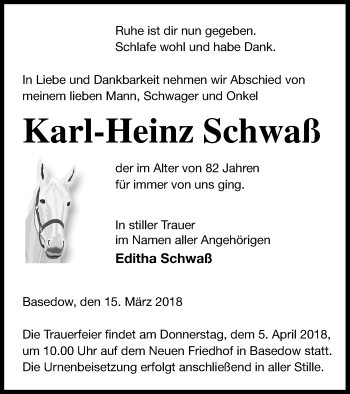 Traueranzeige von Karl-Heinz Schwaß von Mecklenburger Schweiz