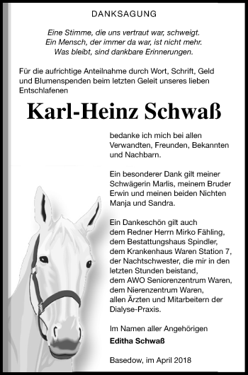 Traueranzeige von Karl-Heinz Schwaß von Mecklenburger Schweiz