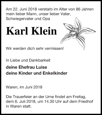 Traueranzeige von Karl Klein von Müritz-Zeitung