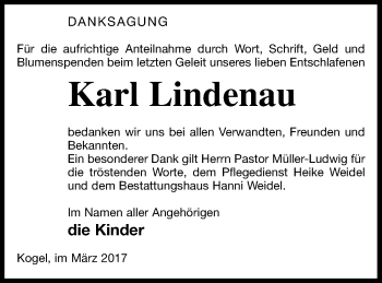 Traueranzeige von Karl Lindenau von Müritz-Zeitung