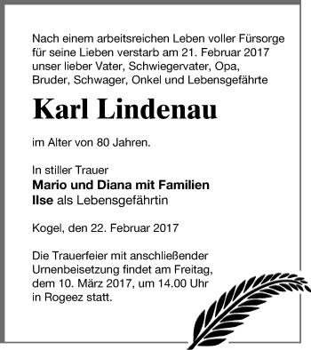 Traueranzeige von Karl Lindenau von Müritz-Zeitung