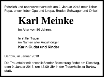 Traueranzeige von Karl Meinke von Neubrandenburger Zeitung