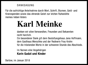 Traueranzeige von Karl Meinke von Neubrandenburger Zeitung