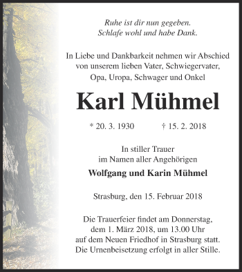 Traueranzeige von Karl Mühmel von Pasewalker Zeitung