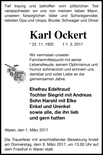 Traueranzeige von Karl Ockert von Müritz-Zeitung