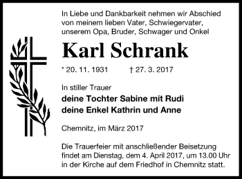 Traueranzeige von Karl Schrank von Neubrandenburger Zeitung