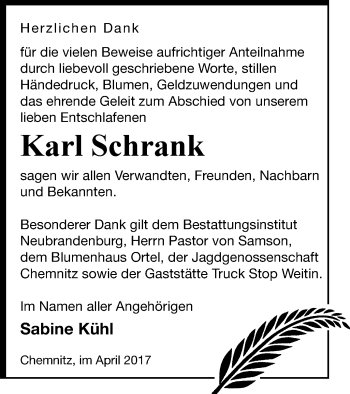 Traueranzeige von Karl Schrank von Neubrandenburger Zeitung