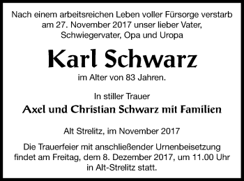 Traueranzeige von Karl Schwarz von Strelitzer Zeitung